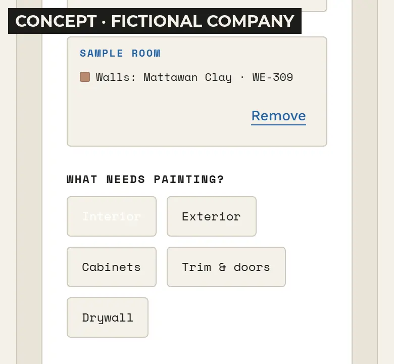 The estimate form with the picked color, Mattawan Clay WE-309, already filled in.