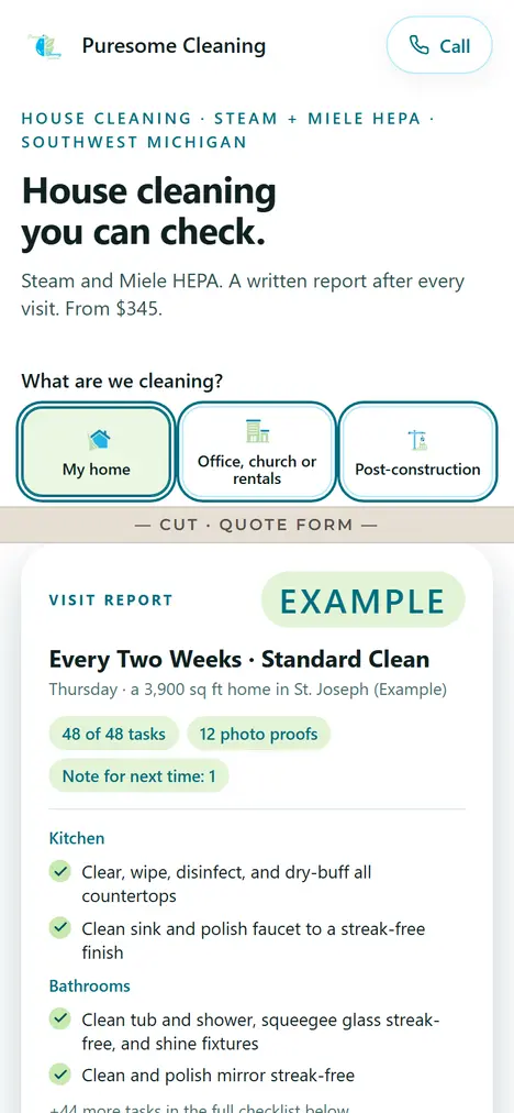 Puresome Cleaning's quote page on a phone: the headline "House cleaning you can check.", three tiles for choosing the kind of cleaning, then the top of an example visit report. A band marks where the quote form is cut out.