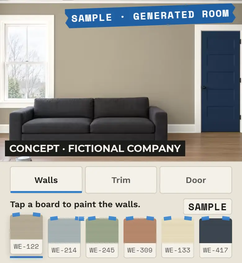 A sample living room with taped paint boards under it; the room is labeled as a generated sample.