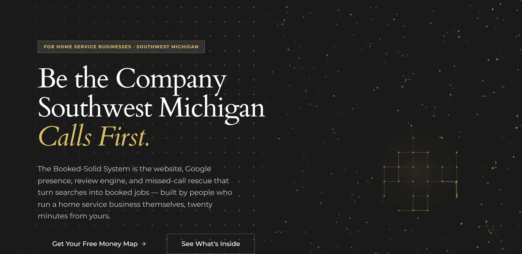 The homepage's first screen: a field of gold dots behind the headline, ordered on the left and drifting on the right.
