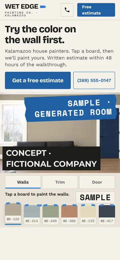 Wet Edge Painting Co.'s home page on a phone: "Try the color on the wall first." above a sample living room labeled SAMPLE · GENERATED ROOM and six taped paint boards.