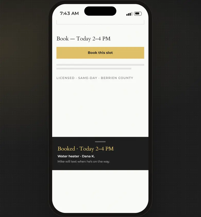 Room 02 of the offer: a phone booking a sample water-heater job, labeled SAMPLE · MODE: SIMULATION.