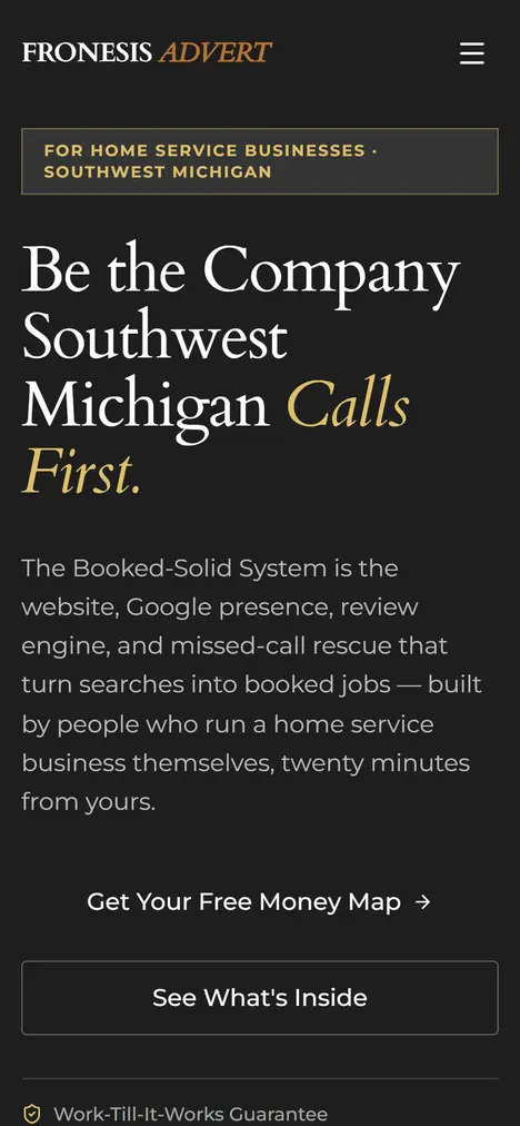 Fronesis Advert's home page on a phone: "Be the Company Southwest Michigan Calls First." in white and gold on black.