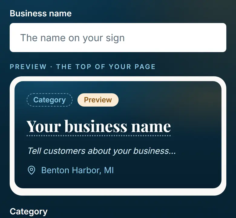 The owner section: a business-name box beside a preview of the listing, with a name marked EXAMPLE.