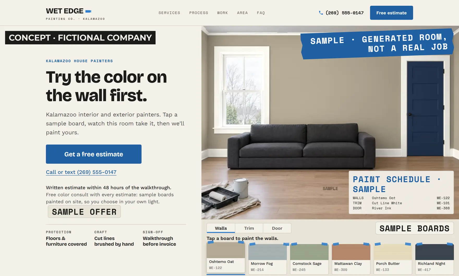 A sample living room with taped paint boards under it; the room is labeled as a generated sample.