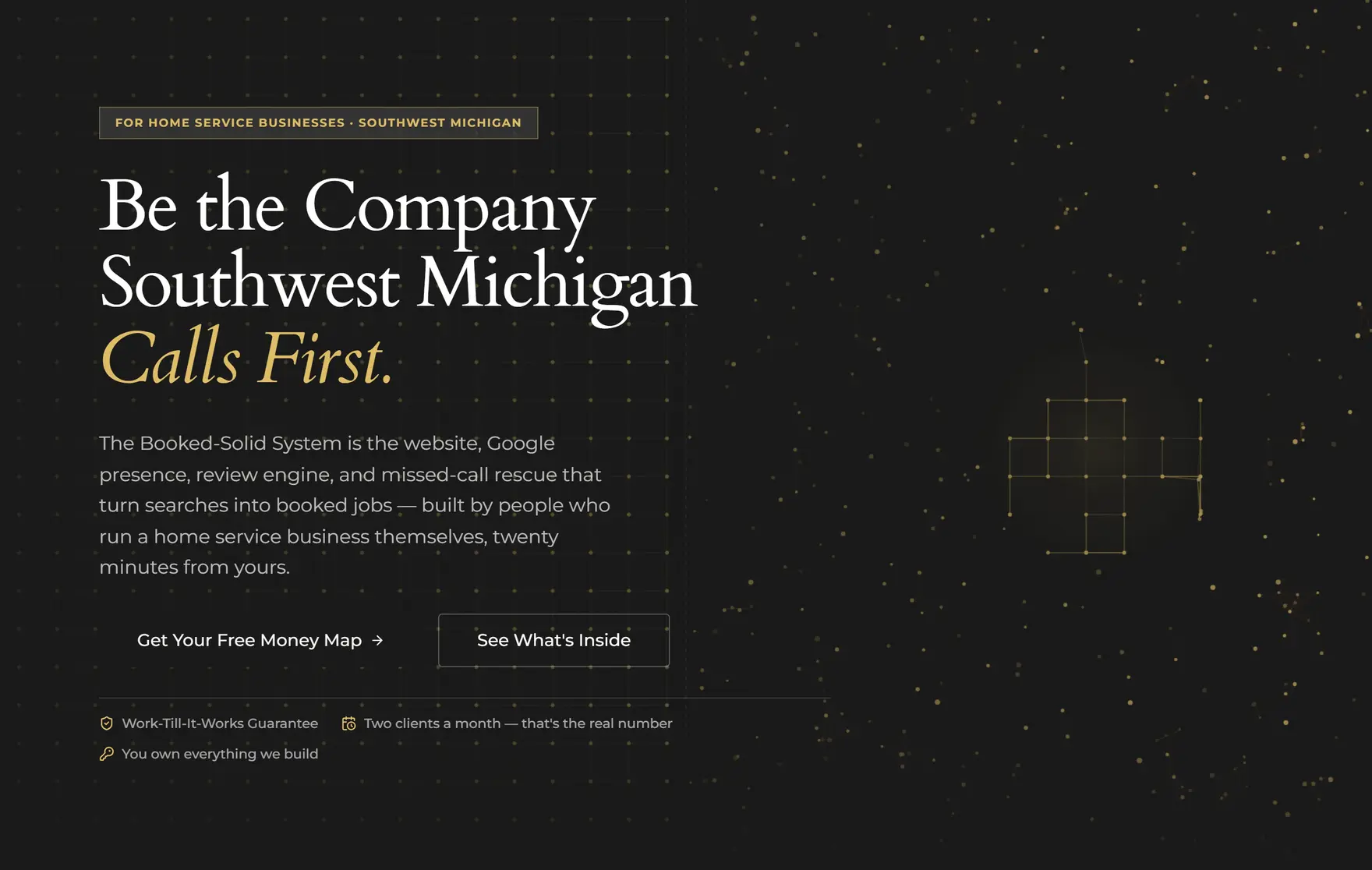 The homepage's first screen: a field of gold dots behind the headline, ordered on the left and drifting on the right.