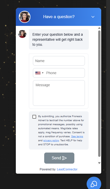 The Fronesis Advert chat widget, opened: Name, Phone and Message fields, then an unchecked consent checkbox beside the disclosure text, then the Send button.